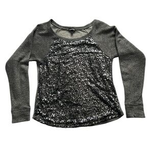 Express Gray/Silver Sequin Sweater Drop Shoulder Raglan Sleeve Glam Rockstar XS‎